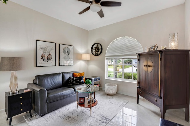 living room with ceiling fan