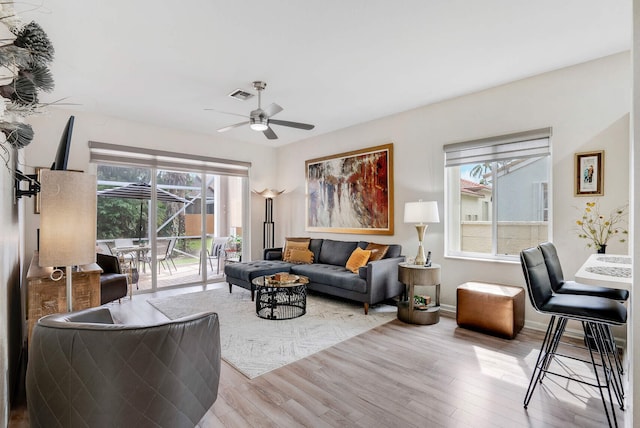 living room with a healthy amount of sunlight, light wood-type flooring, and ceiling fan