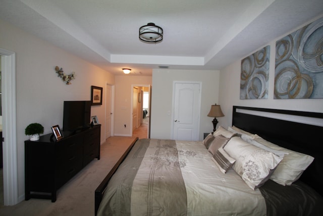 carpeted bedroom featuring a raised ceiling