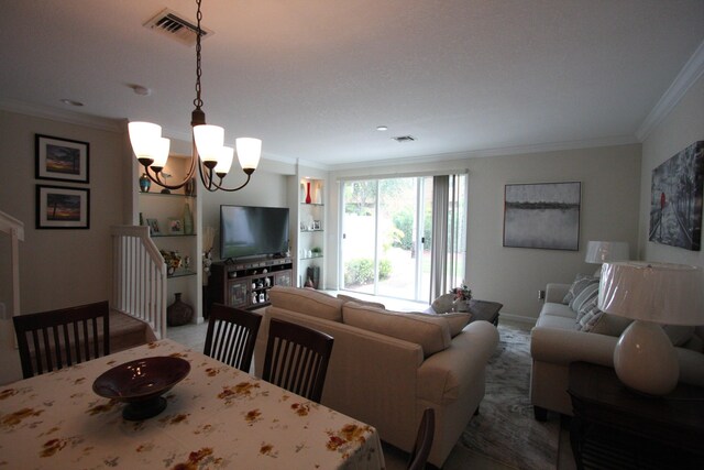 dining room featuring a notable chandelier, carpet, and ornamental molding