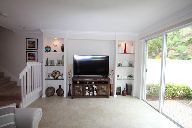 5946 Monterra Club Dr, Lake Worth, FL 33463 - living area with tile patterned flooring, built in features, stairway, and ornamental molding