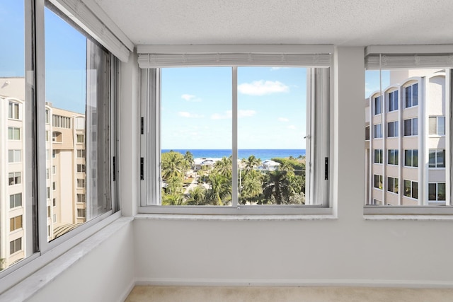 empty room featuring a textured ceiling, carpet flooring, and a water view