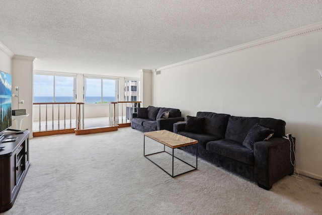 carpeted living room featuring a water view, a textured ceiling, and crown molding