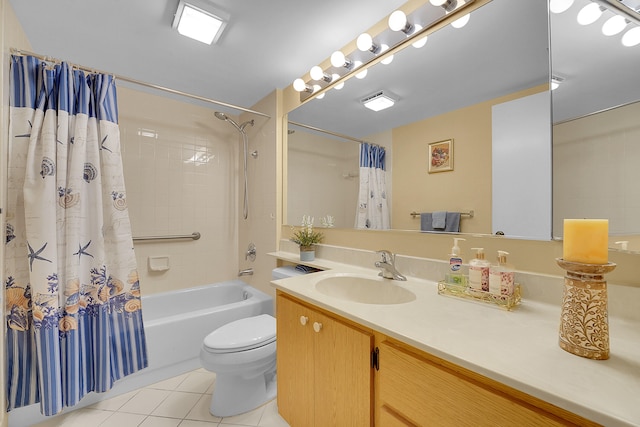 full bathroom with shower / bath combo, tile patterned flooring, vanity, and toilet