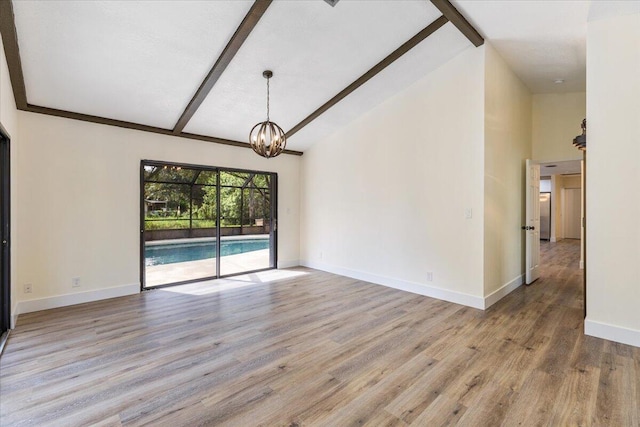 unfurnished room featuring light hardwood / wood-style flooring, beamed ceiling, and high vaulted ceiling