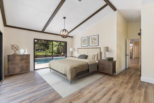 bedroom with beamed ceiling, high vaulted ceiling, light wood-type flooring, and access to outside