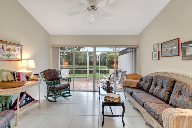 living room featuring ceiling fan and light tile patterned flooring