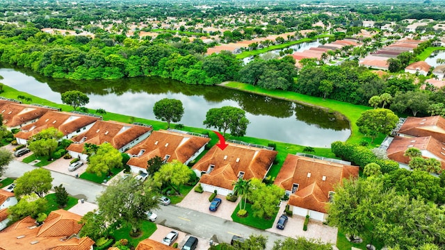 drone / aerial view featuring a water view