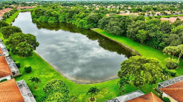 bird's eye view with a water view