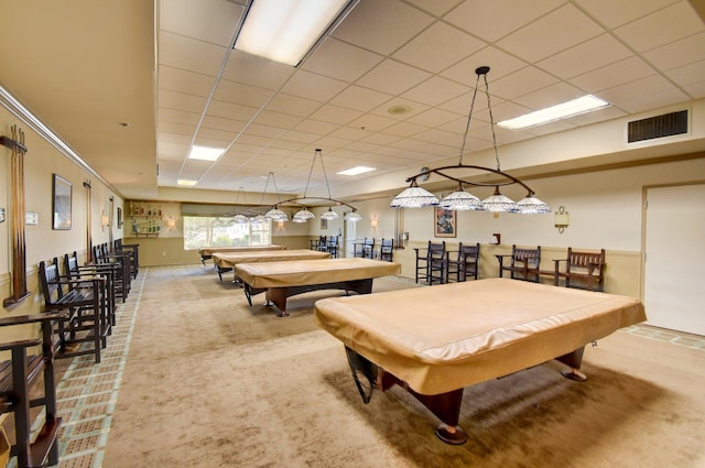 recreation room with carpet flooring, billiards, and a paneled ceiling