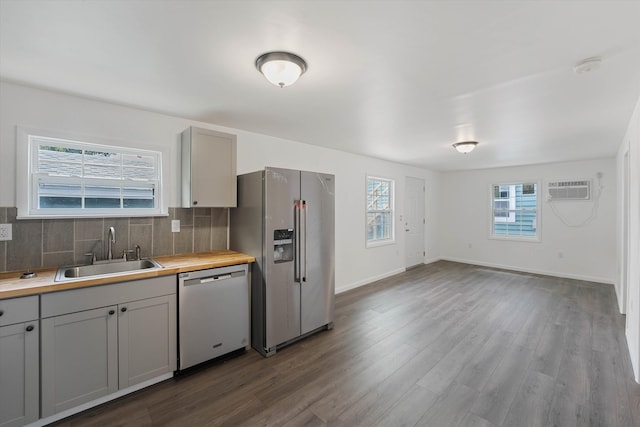 kitchen with sink, butcher block counters, gray cabinetry, stainless steel appliances, and decorative backsplash