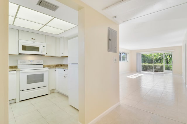 kitchen with white appliances, electric panel, white cabinetry, and light tile patterned flooring