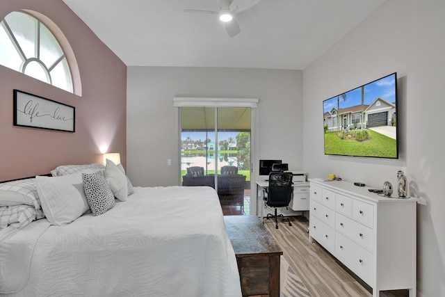 bedroom with ceiling fan, light wood-type flooring, and access to outside