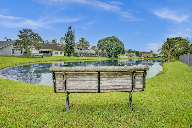 view of property's community featuring a water view and a lawn