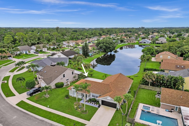 aerial view featuring a water view