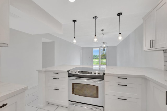 kitchen with hanging light fixtures, white cabinets, light stone counters, stainless steel electric range oven, and light tile patterned floors