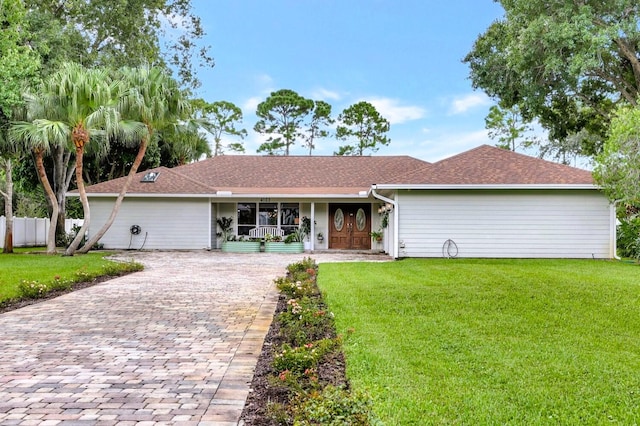 ranch-style home with a porch and a front lawn