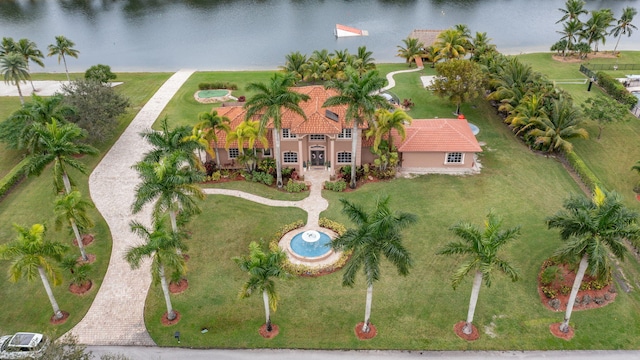 aerial view featuring a water view