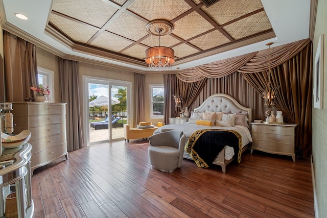 bedroom with access to outside, crown molding, wood-type flooring, and a notable chandelier