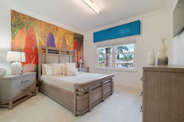 carpeted bedroom with crown molding