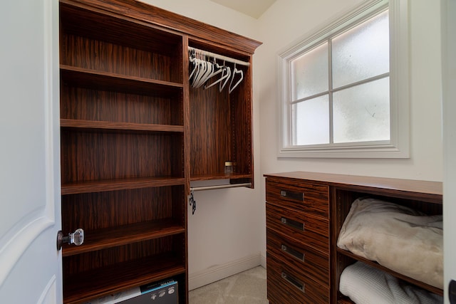 spacious closet featuring light colored carpet