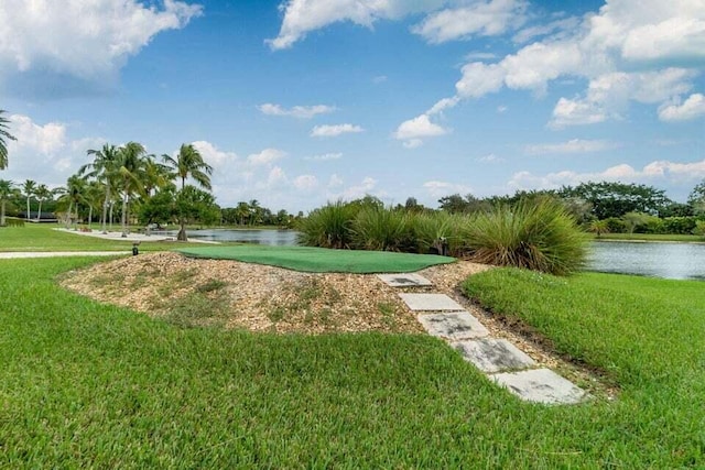 view of property's community featuring a lawn and a water view