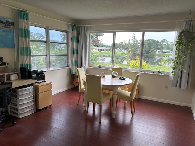 dining space with a wealth of natural light, a water view, dark wood-type flooring, and a textured ceiling