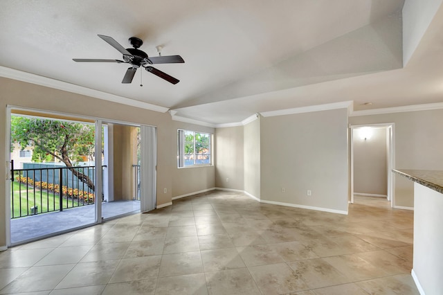 tiled spare room featuring lofted ceiling, crown molding, and ceiling fan