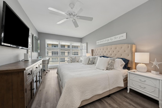 bedroom featuring a ceiling fan and wood finished floors