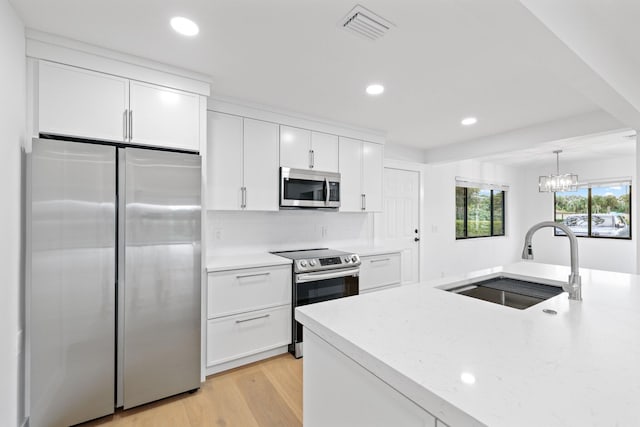 kitchen with visible vents, appliances with stainless steel finishes, light wood-type flooring, white cabinetry, and a sink