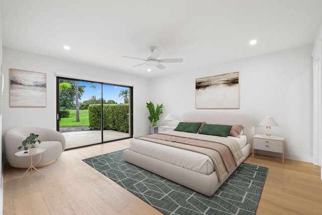 bedroom with access to exterior, recessed lighting, light wood-style flooring, a ceiling fan, and baseboards