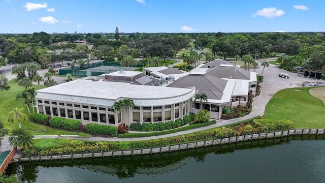 bird's eye view with a water view