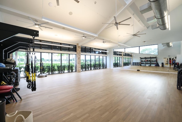 exercise room featuring a healthy amount of sunlight, a towering ceiling, and hardwood / wood-style flooring