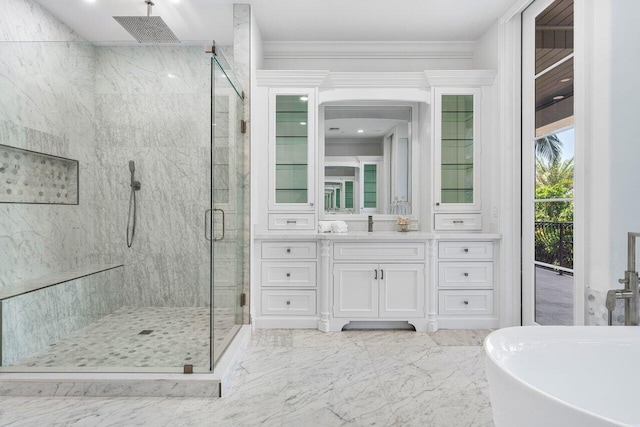 bathroom with crown molding, vanity, and independent shower and bath