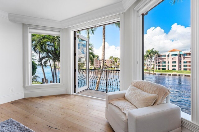 living area with a water view, a wealth of natural light, and light hardwood / wood-style floors