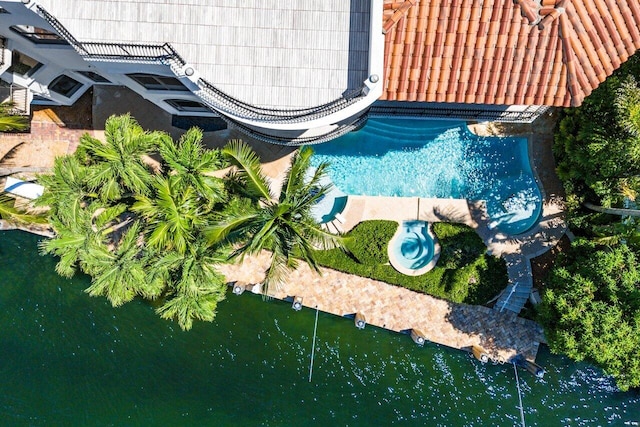 aerial view featuring a water view