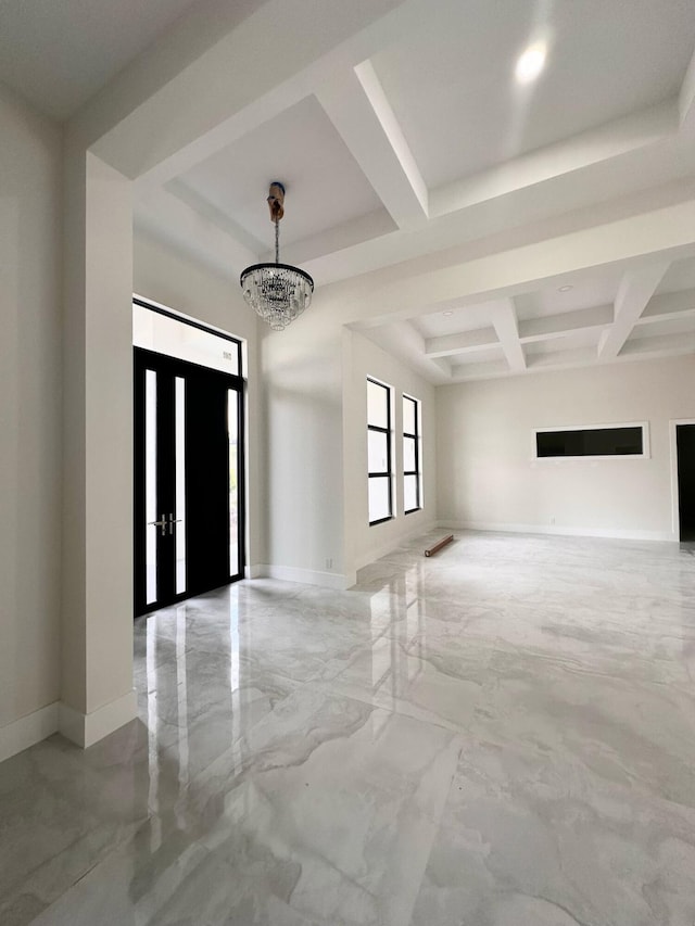 12850 152nd St N, Jupiter, FL 33478 - entrance foyer with marble finish floor, beamed ceiling, baseboards, coffered ceiling, and a notable chandelier