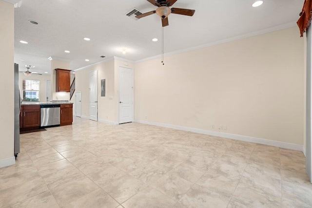 unfurnished living room with crown molding and ceiling fan