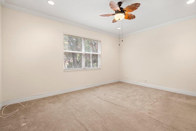 carpeted empty room featuring ornamental molding and ceiling fan