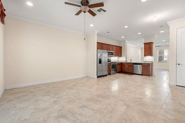 kitchen with appliances with stainless steel finishes, crown molding, sink, and ceiling fan