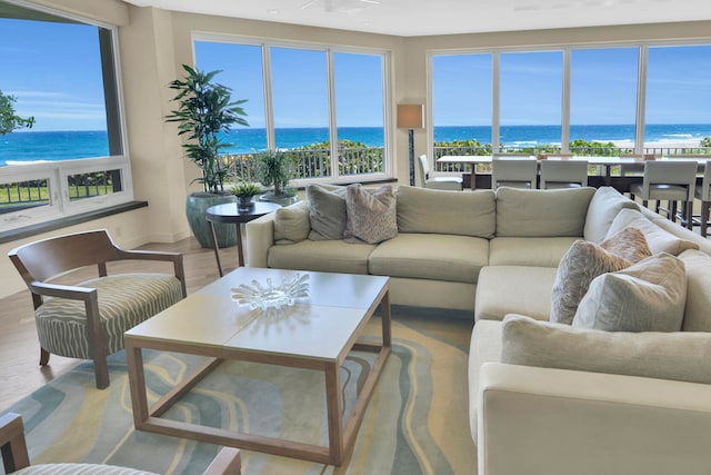 living room featuring hardwood / wood-style floors and a water view