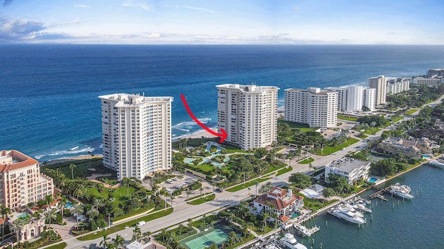 aerial view featuring a water view