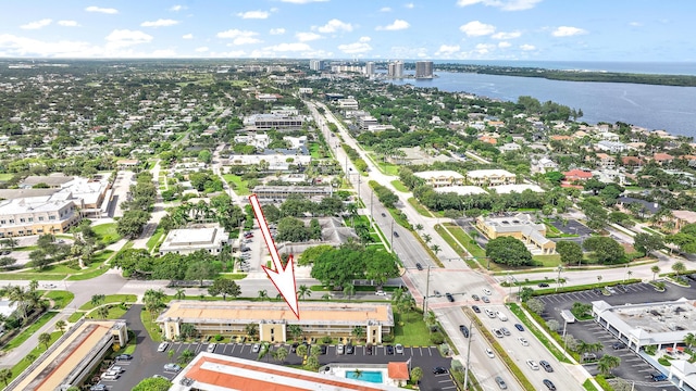 drone / aerial view with a water view