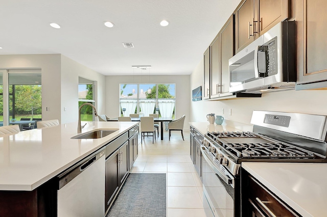 kitchen with appliances with stainless steel finishes, a kitchen island with sink, sink, and plenty of natural light