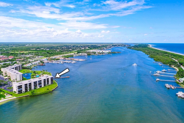 drone / aerial view featuring a water view