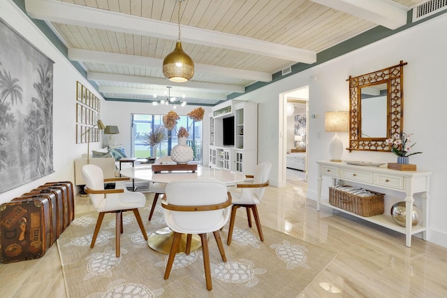 dining room featuring beam ceiling, visible vents, an inviting chandelier, wood ceiling, and baseboards