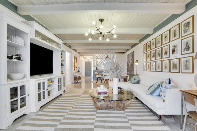 living room featuring wooden ceiling, an inviting chandelier, and beamed ceiling