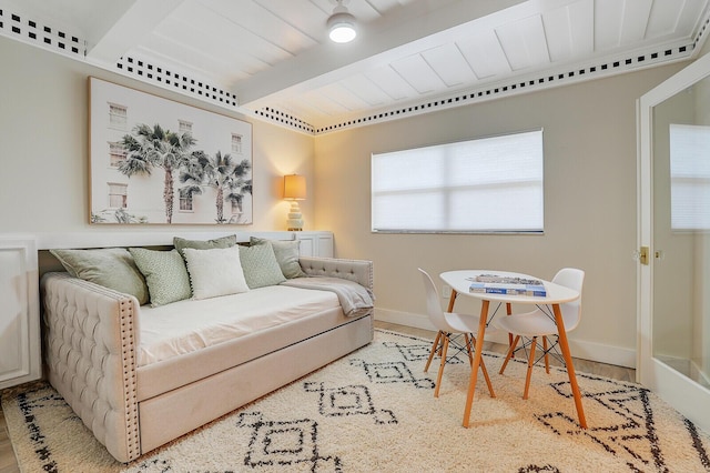 living room featuring wood ceiling, beam ceiling, baseboards, and light wood finished floors