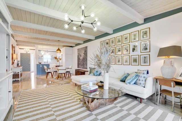 living room featuring hardwood / wood-style floors, wood ceiling, beam ceiling, and an inviting chandelier