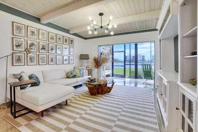 living area featuring wooden ceiling, beamed ceiling, and an inviting chandelier